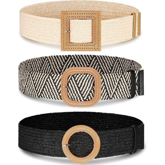 3 Pieces Straw Woven Elastic Waist Belt for Women Bohemian Dress Braided main image 6
